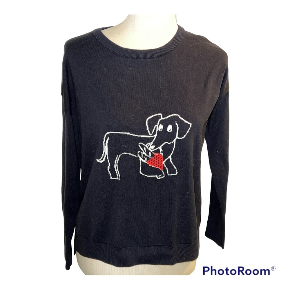 French Connection Small Daschund Basket of Baguettes blue cotton sweater New